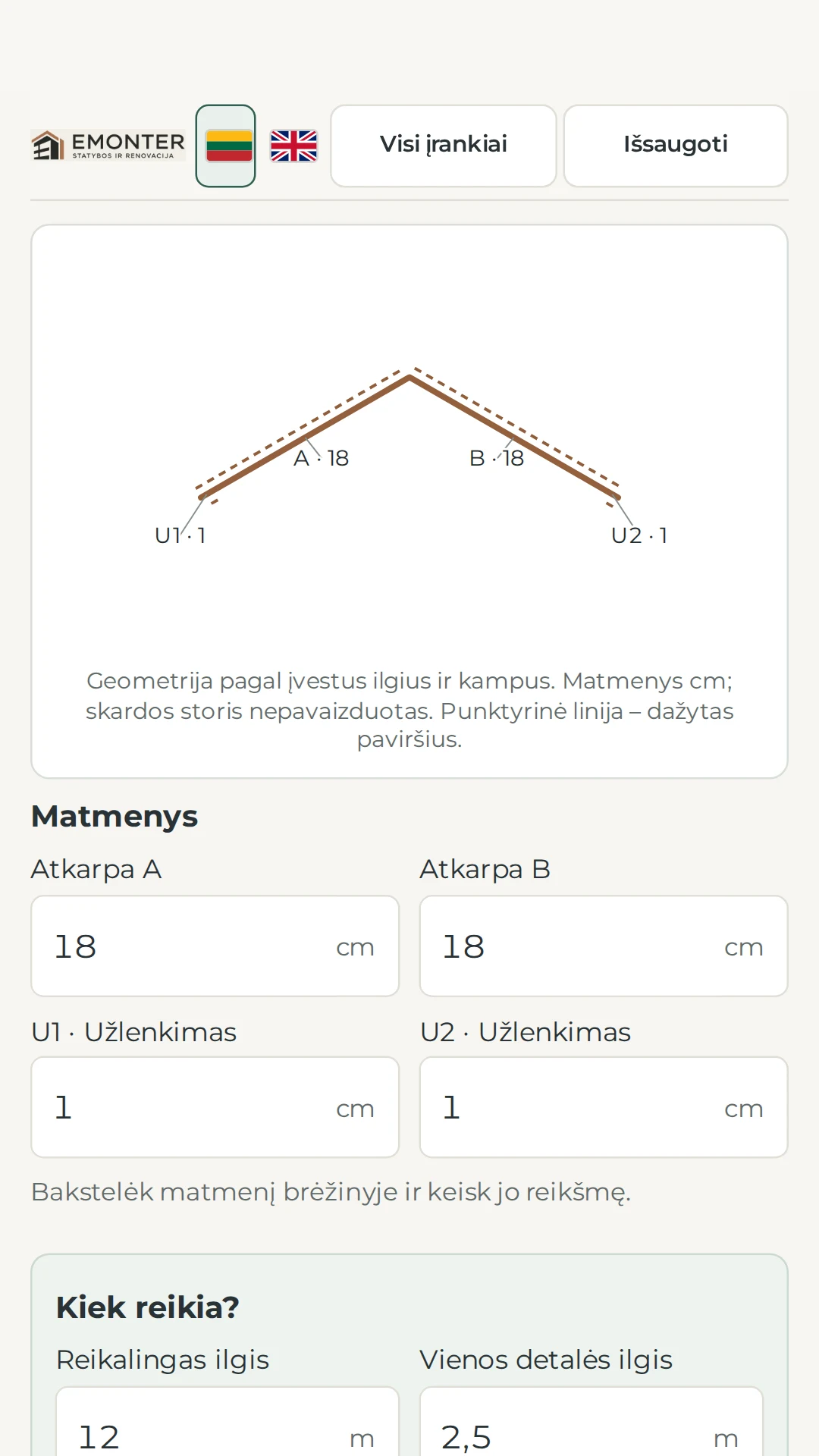 Kraigo profilio schema ir atkarpų bei užlaidų įvedimo laukai
