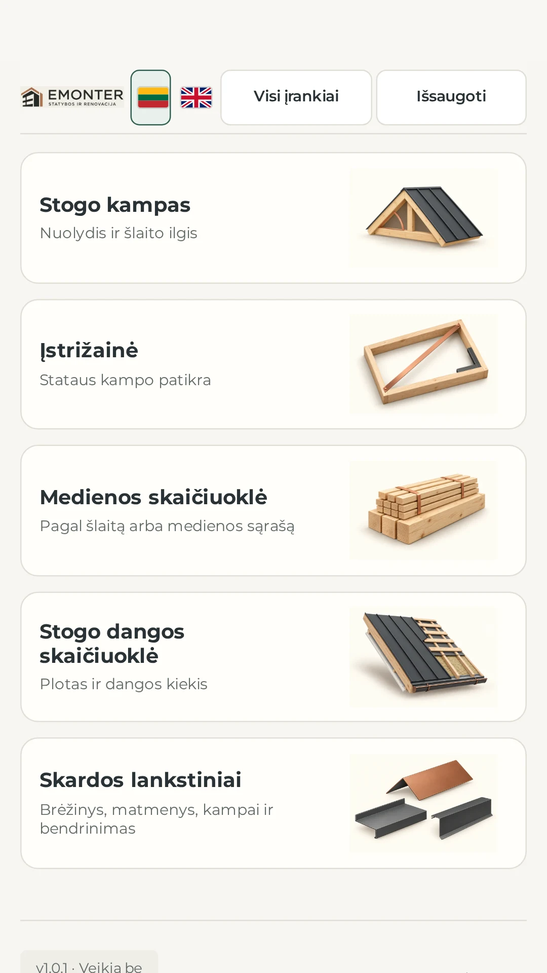 Tikras Stogdengio įrankių meniu: stogo kampas, įstrižainė, mediena, danga ir skardos lankstiniai