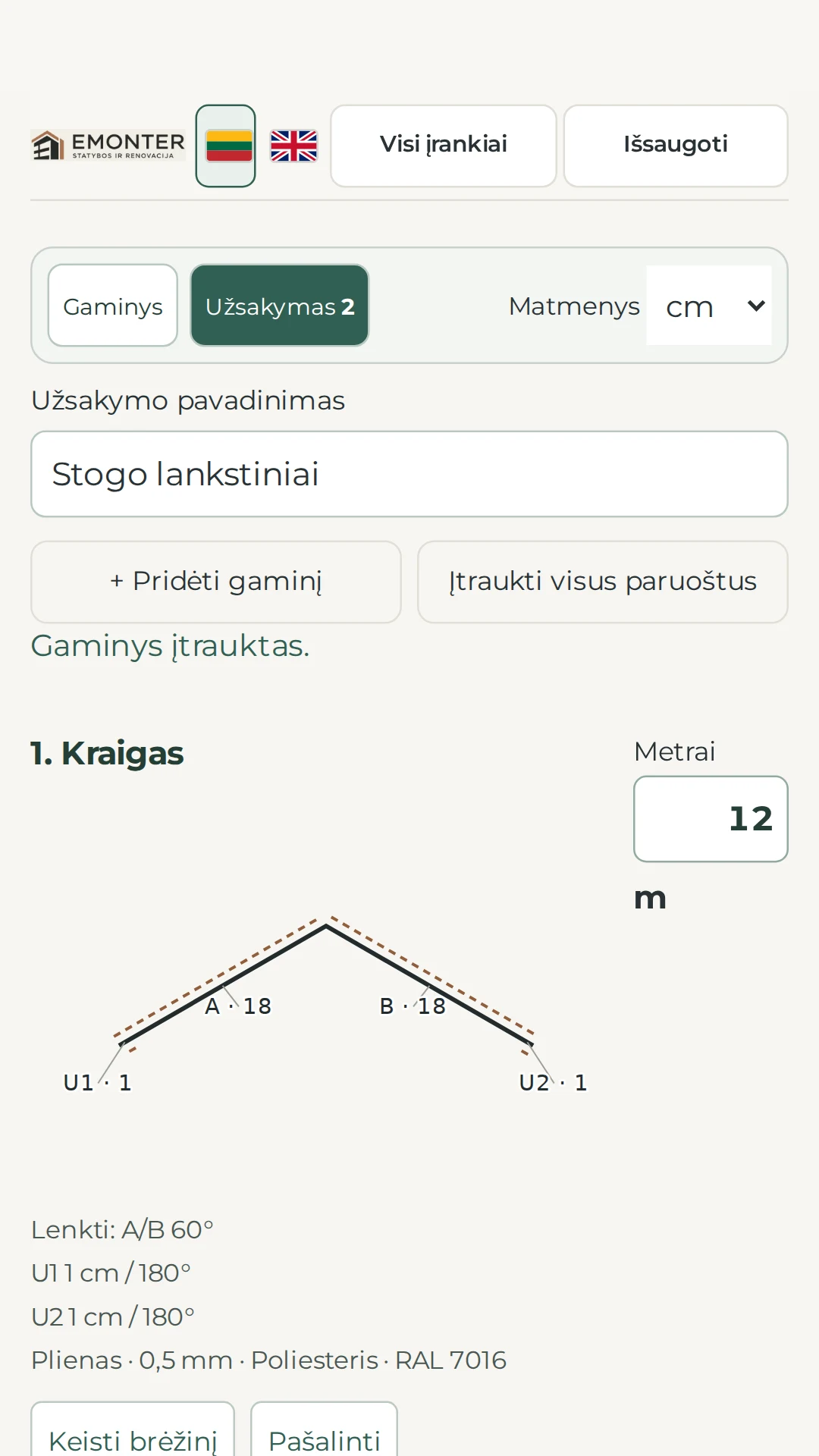 Stogo lankstinių užsakymo ekranas su kraigo brėžiniu ir kiekiu